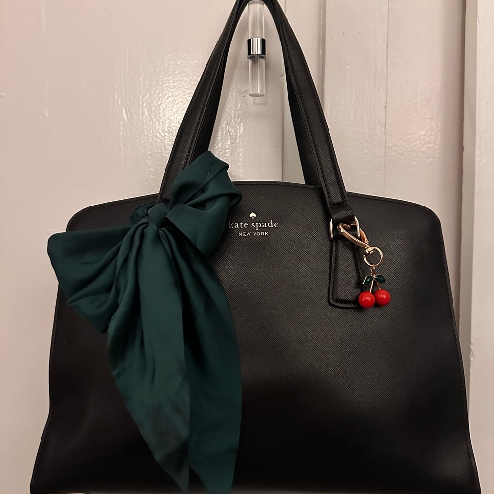 Kate Spade Black Satchel with Teal Scarf and Cherry Charm